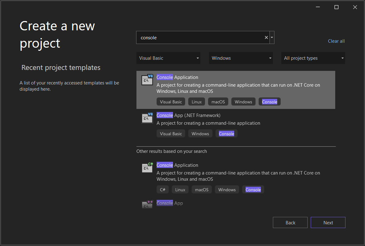 Captura de tela mostrando a janela Criar um novo projeto no Visual Studio 2022 com 'console' na caixa de pesquisa e 'Visual Basic' e 'Windows' selecionados para os filtros de Linguagem e Plataforma e o modelo de projeto do Aplicativo de Console selecionado.