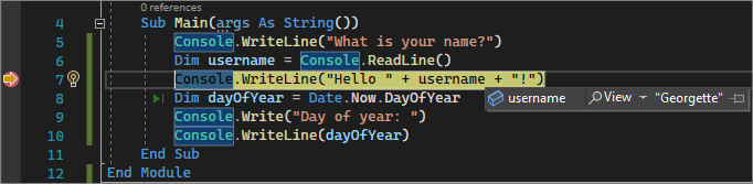 Captura de tela que mostra o valor de uma variável durante a depuração no Visual Studio 2022.
