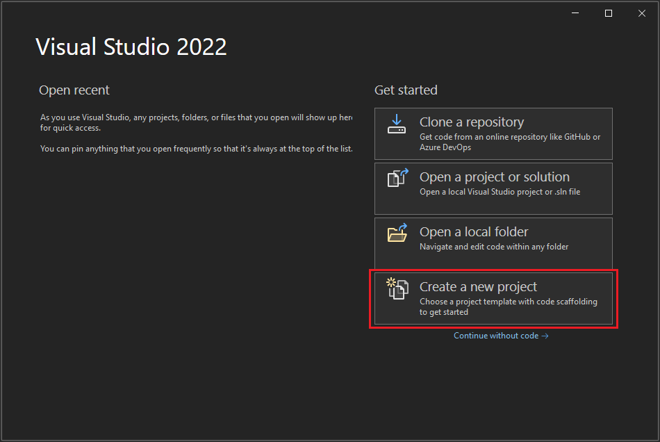 Screenshot da janela inicial no Visual Studio 2022 com a opção 