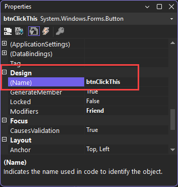 A captura de tela mostra a propriedade Name com um valor de btnClickThis.