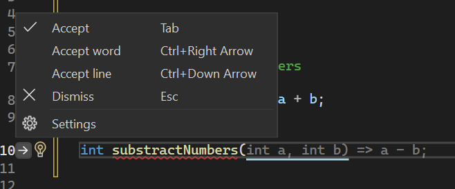 Captura de tela que mostra sugestões para aceitar ou modificar uma sugestão de código do GitHub Copilot no Visual Studio.