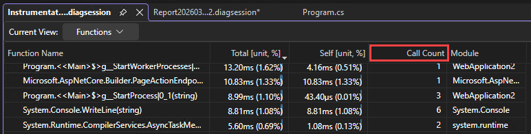 Uma captura de tela que mostra dados de contagem de chamadas. Configurações de