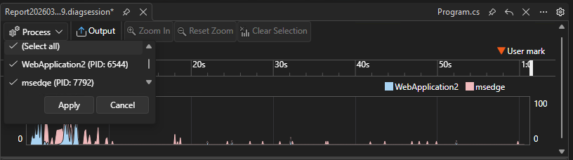 Captura de tela que mostra o filtro de vários processos.