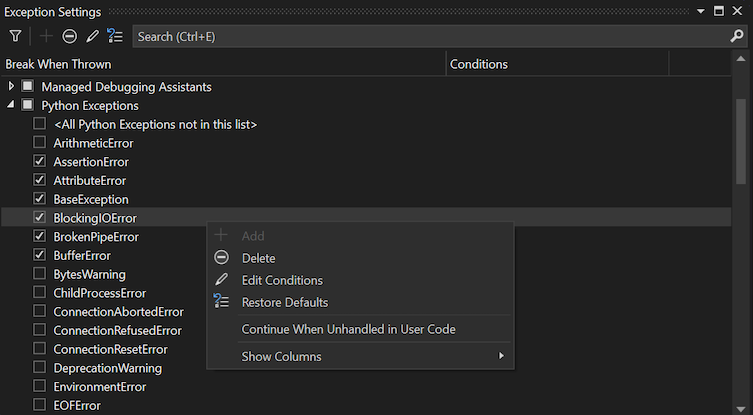 Captura de tela mostrando a janela Configurações de Exceções no depurador do Visual Studio.