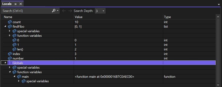 Captura de tela mostrando a janela Locais no depurador do Visual Studio.