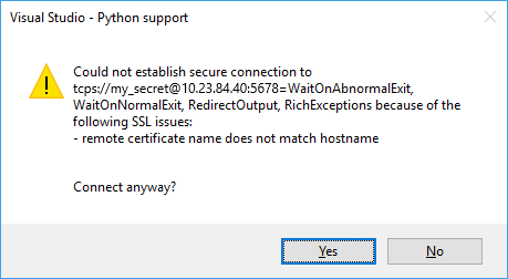 Captura de tela do aviso informando que o certificado SSL remoto não corresponde ao nome do host.