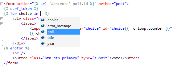 Captura de tela mostrando o suporte do IntelliSense para variáveis de contexto usadas no desenvolvimento em Django no Visual Studio.