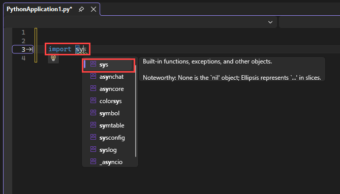 Captura de tela que mostra como o IntelliSense exibe os módulos disponíveis para uma instrução de importação no editor do Visual Studio.
