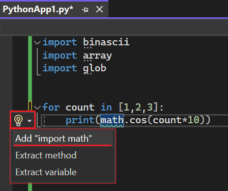 Captura de tela que mostra o smart tag para um identificador que precisa adicionar uma instrução de importação no Visual Studio 2022.