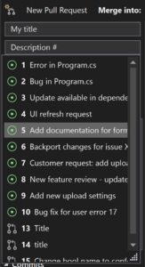 O Novo Pull Request com # na caixa de descrição e uma lista dos problemas relacionados do GitHub e os pull requests mostrados no Visual Studio 2022.