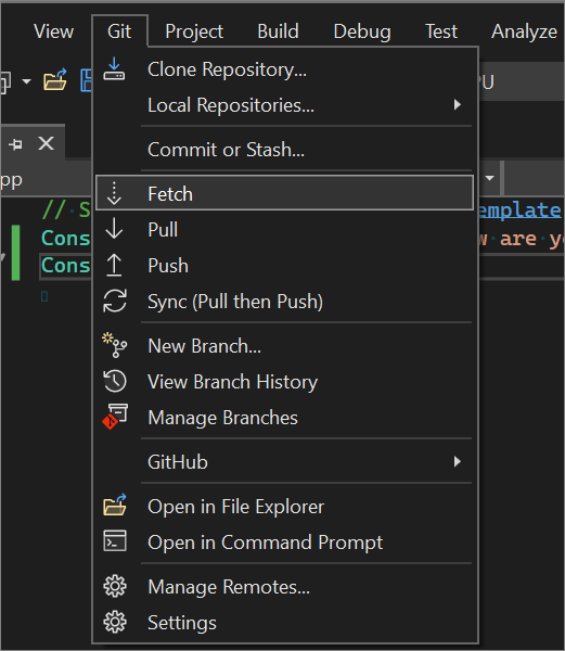 O menu Git com a opção Buscar realçada no Visual Studio 2022.