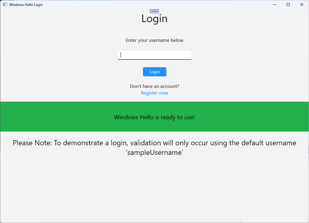 Uma captura de tela da tela de login do Windows Hello com status pronto