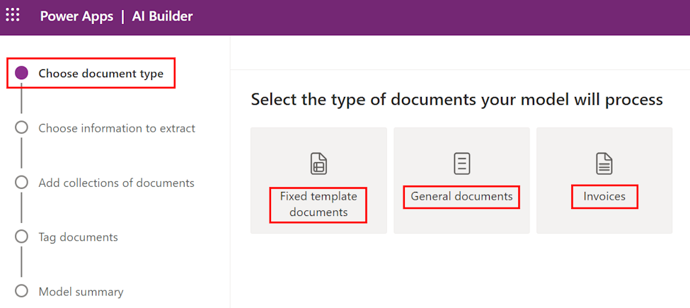 Captura de ecrã dos diferente tipos de documentos.