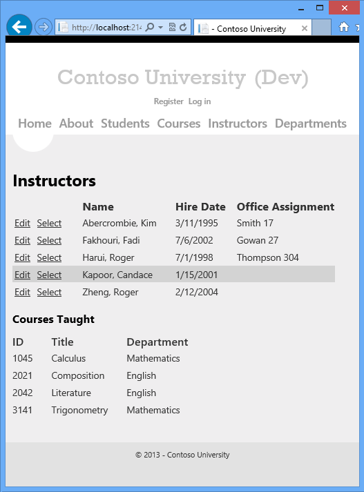 Captura de ecrã que mostra a página dos Instrutores e os cursos lecionados por um Instrutor específico.