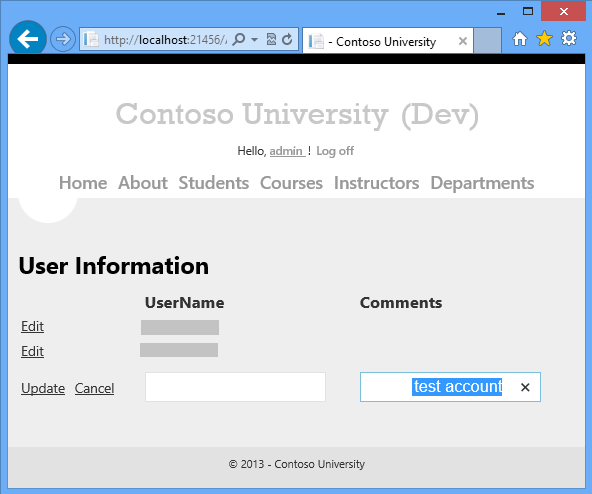 Captura de ecrã que mostra a página UserInfo a mostrar o teste de Nome de Utilizador e a conta de teste do Tom a comentar.