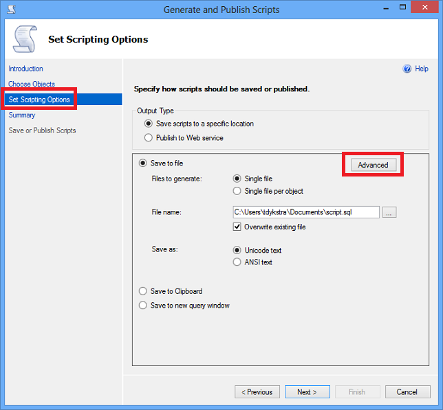 Opções de Script do SSMS