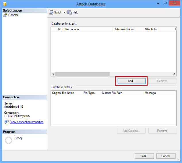 SSMS Adicionar .mdf ficheiro para anexar