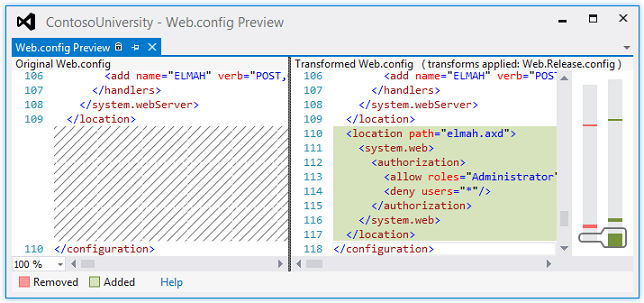 Captura de ecrã que mostra a Pré-visualização Web.config com o ficheiro Original Web.config à esquerda e como será o ficheiro Transformed Web.config à direita com as alterações realçadas.