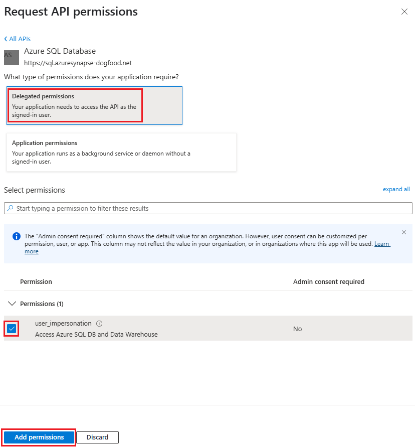 Captura de tela da página Solicitar permissões da API mostrando Permissões delegadas, user_impersonation e o botão Adicionar permissão selecionado.