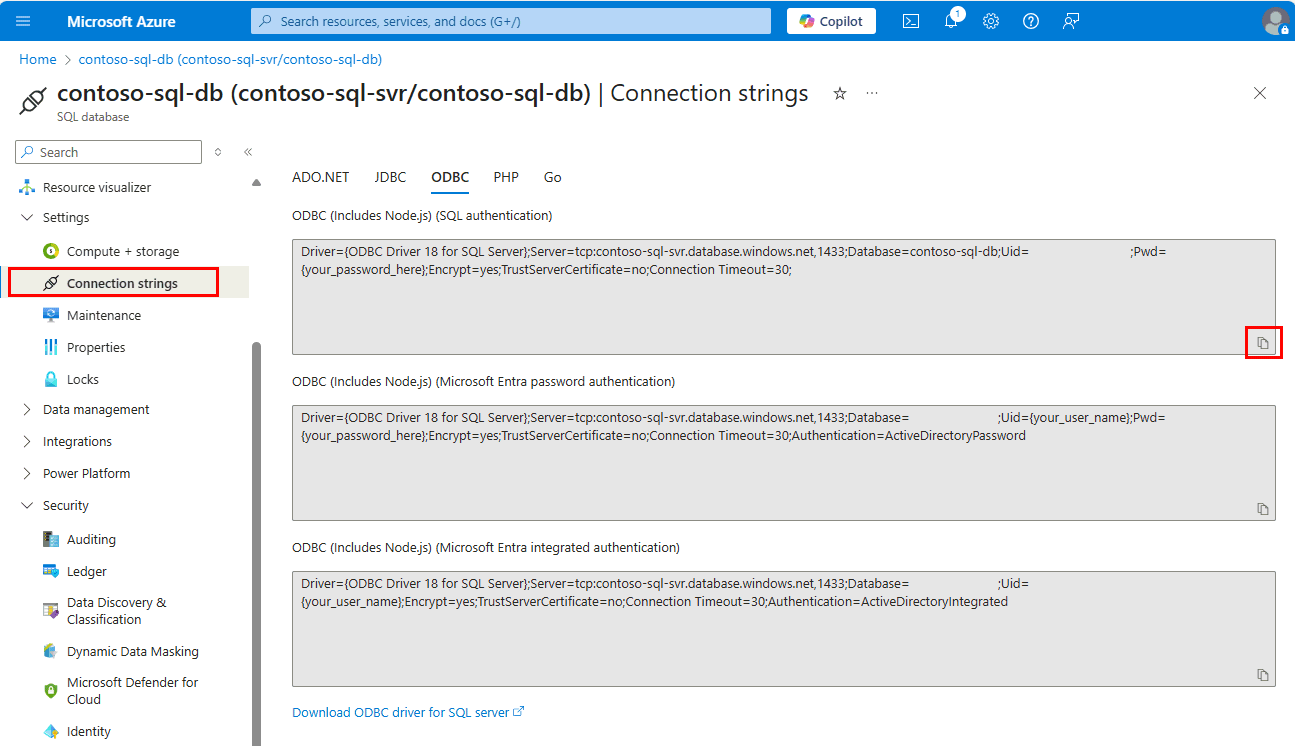 Captura de tela do portal do Azure de uma Cadeia de Conexão ODBC.