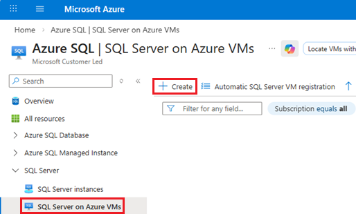 Captura de ecrã do SQL Server na página das VMs Azure da página hub do Azure SQL no portal Azure, mostrando o botão +Criar.