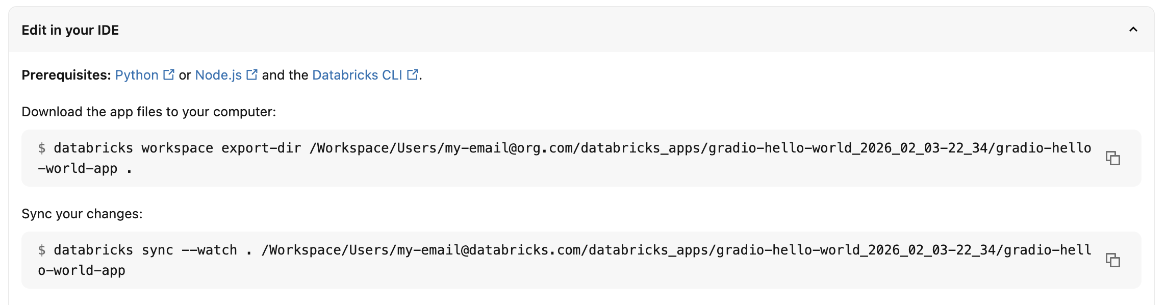 Ver a página de detalhes da aplicação após a criação da aplicação
