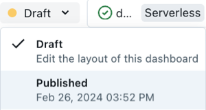 Menu deslizante mostrando as versões disponíveis dos rascunhos e do dashboard publicado.