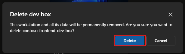Captura de tela da mensagem de confirmação sobre como excluir uma caixa de desenvolvimento.