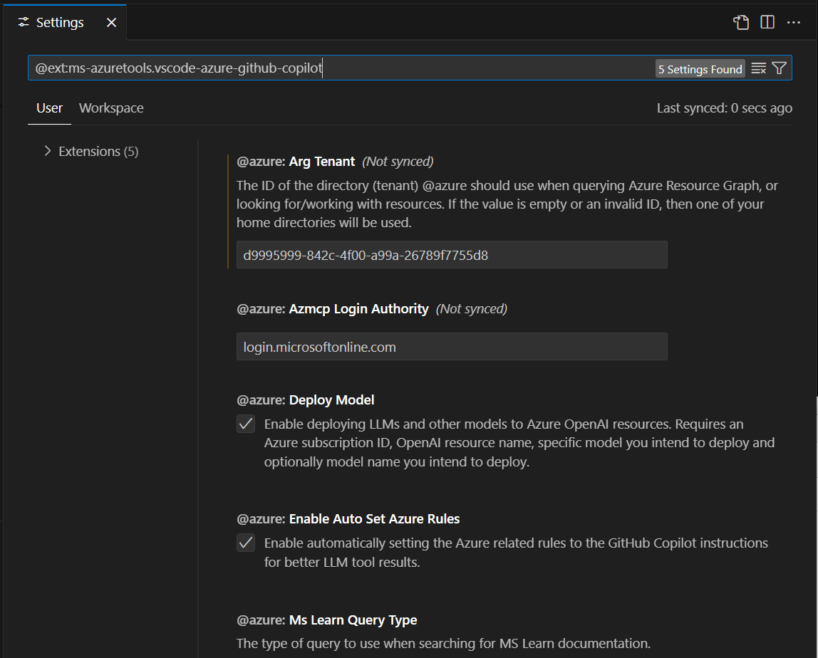 Captura de ecrã que mostra o separador Definições com uma opção para definir o inquilino do Azure Resource Graph.