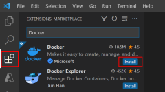 Captura de tela mostrando como adicionar a extensão Docker ao VS Code.