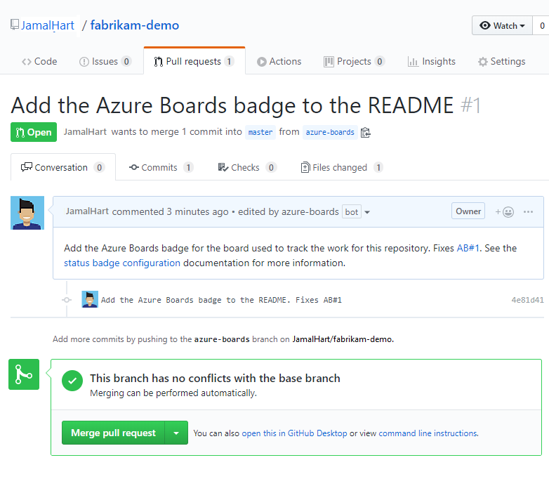 Screenshot mostra o pull request de exemplo em GitHub.