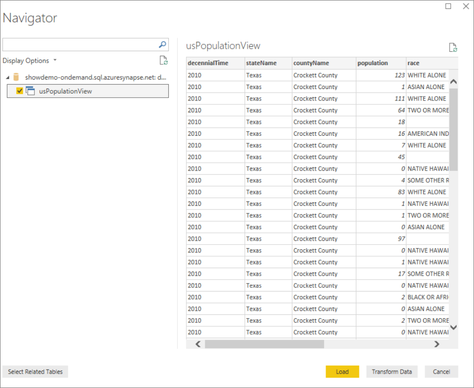 Selecione uma Vista na base de dados que for selecionada.