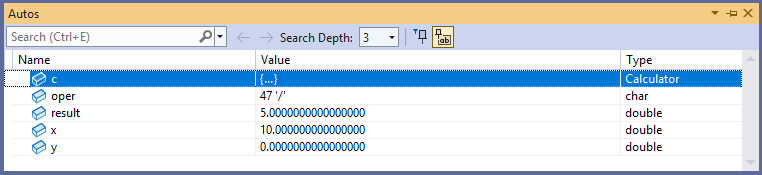 Captura de ecrã da janela Autos do depurador do Visual Studio.