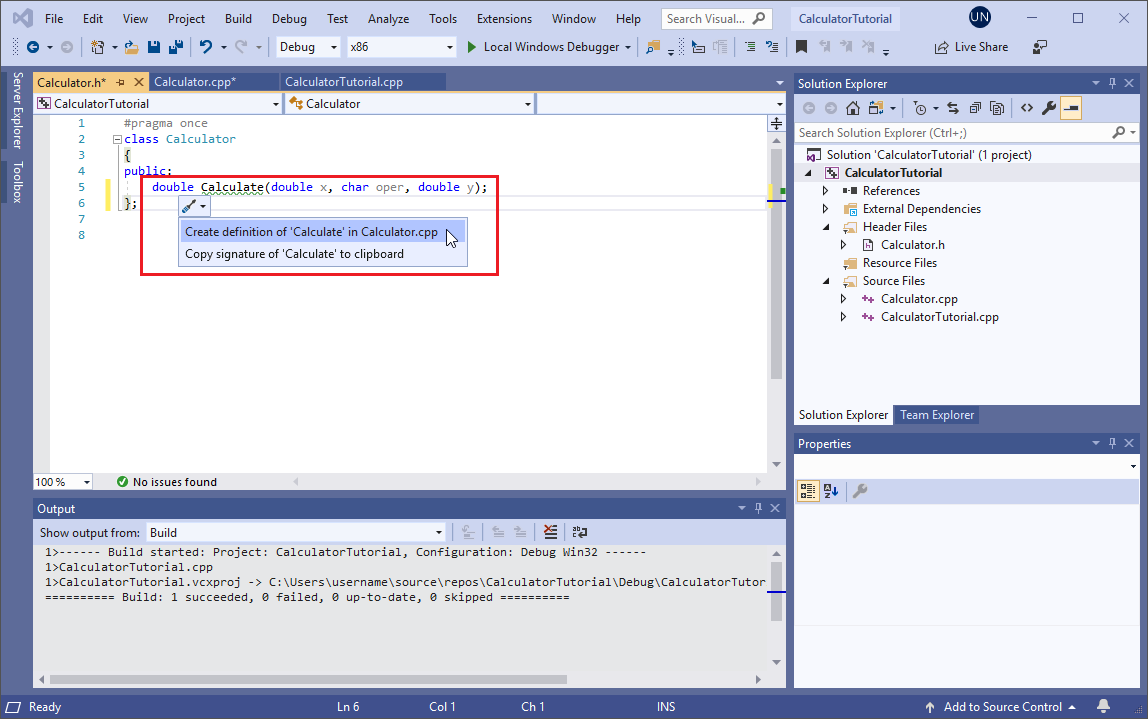 Captura de ecrã de uma lista suspensa no editor do Visual Studio. A opção 'Criar definição de Calcular em Calculator.cpp' está realçada.
