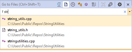 Captura de ecrã dos resultados de Ir para Ficheiros. O usuário digitou 'f str' e string_utils.cpp e string_utils.h aparecem porque contêm str no nome.
