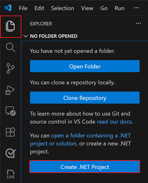 O comando Novo Projeto em .NET na Paleta de Comandos