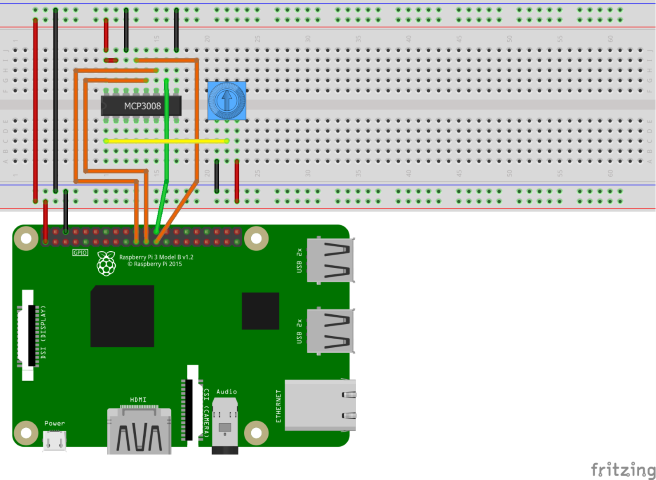Um diagrama de Fritzing que mostra um circuito com um ADC MCP3008 e um potenciómetro