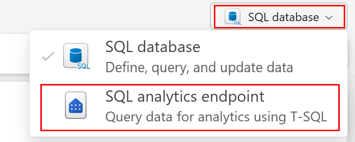 Captura de tela do portal Fabric mostrando a lista suspensa do editor de consultas que contém as opções de banco de dados SQL e endpoint de análises SQL.