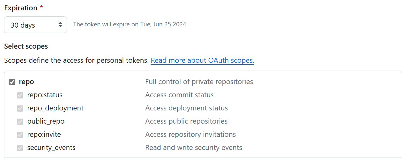 Captura de ecrã dos âmbitos clássicos de token do GitHub.