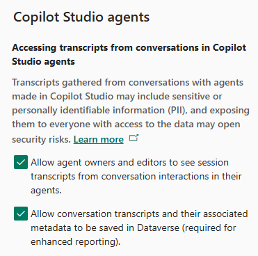 Captura de ecrã da secção de definições Copilot Studio para ambientes no centro de administração do Power Platform.