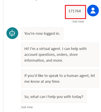 Captura de tela de uma autenticação de usuário bem-sucedida em uma conversa de agente, com o código de validação realçado.