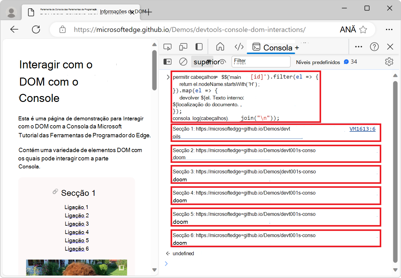 A ferramenta Consola, a mostrar a lista de todos os cabeçalhos na página, juntamente com os respetivos URLs