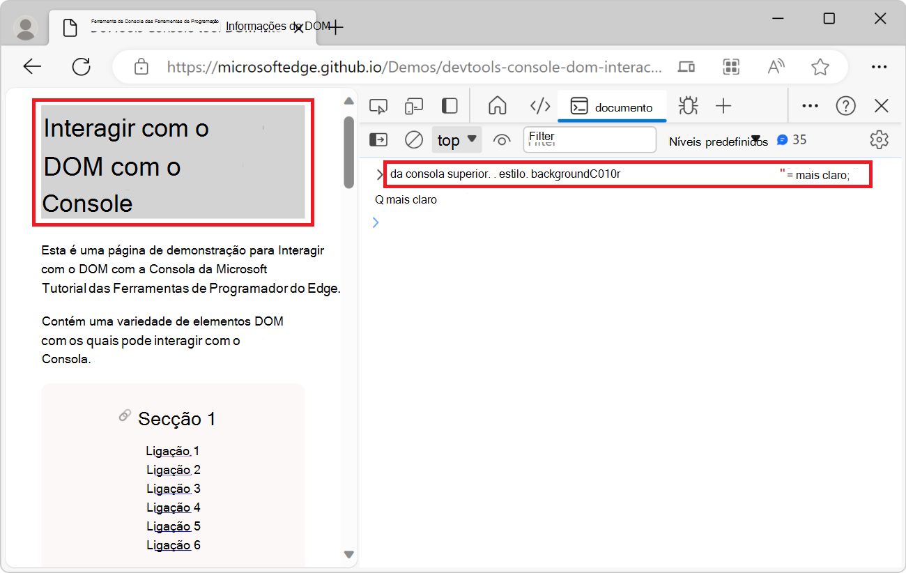 A ferramenta Consola, a mostrar o código JavaScript acima e a página Web a mostrar o título cinzento