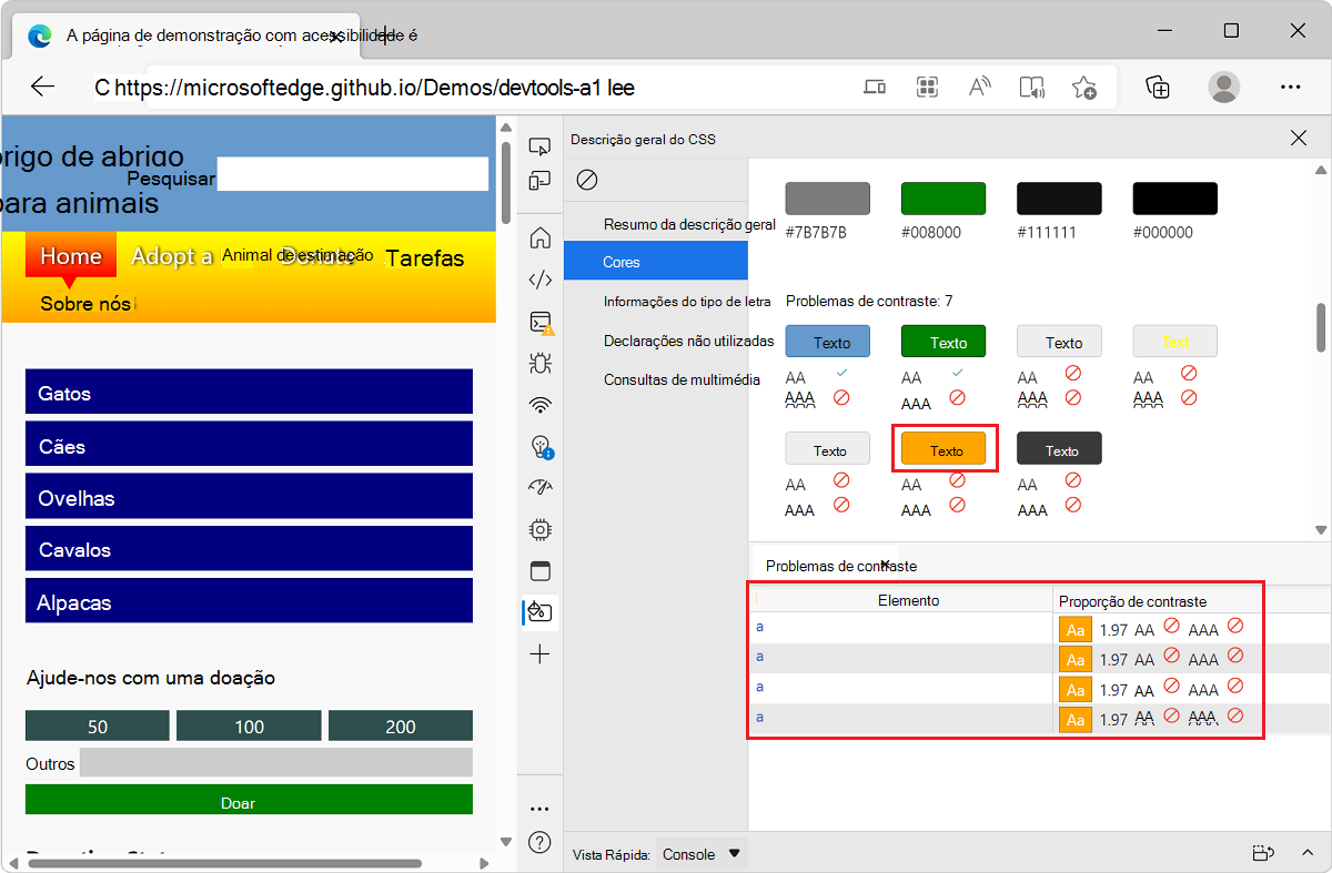 Microsoft Edge, com a aplicação de demonstração LISTA DE TAREFAs e DevTools, a mostrar uma lista de elementos com um problema de contraste de cor