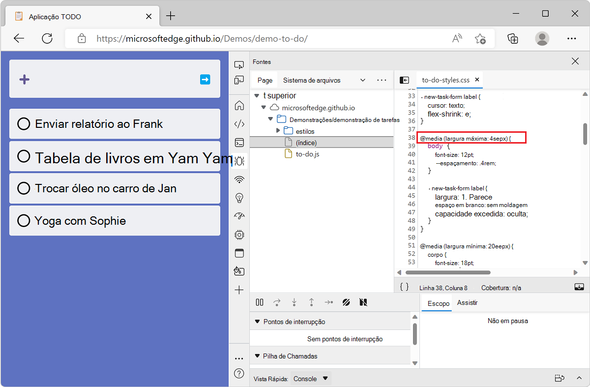 Microsoft Edge, com a aplicação de demonstração lista TODO e DevTools, a mostrar a ferramenta Origens, com o ficheiro que contém uma consulta multimédia aberta, na linha direita