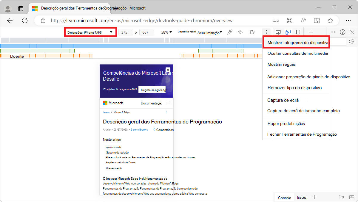 O item de menu Mostrar Moldura do Dispositivo