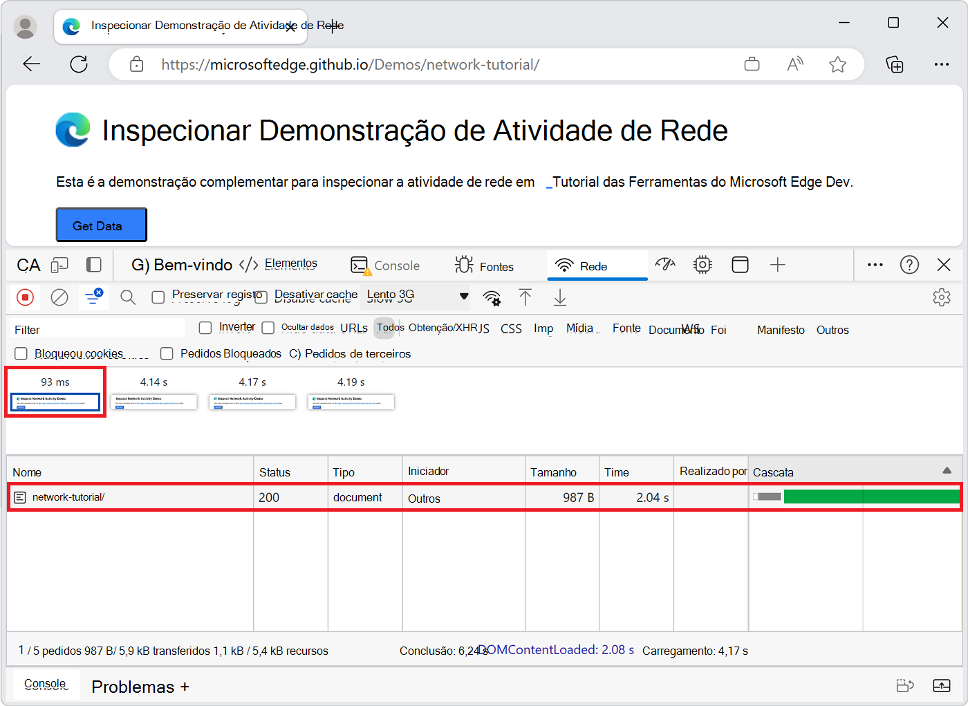 A atividade de rede que estava a ocorrer durante a primeira captura de ecrã