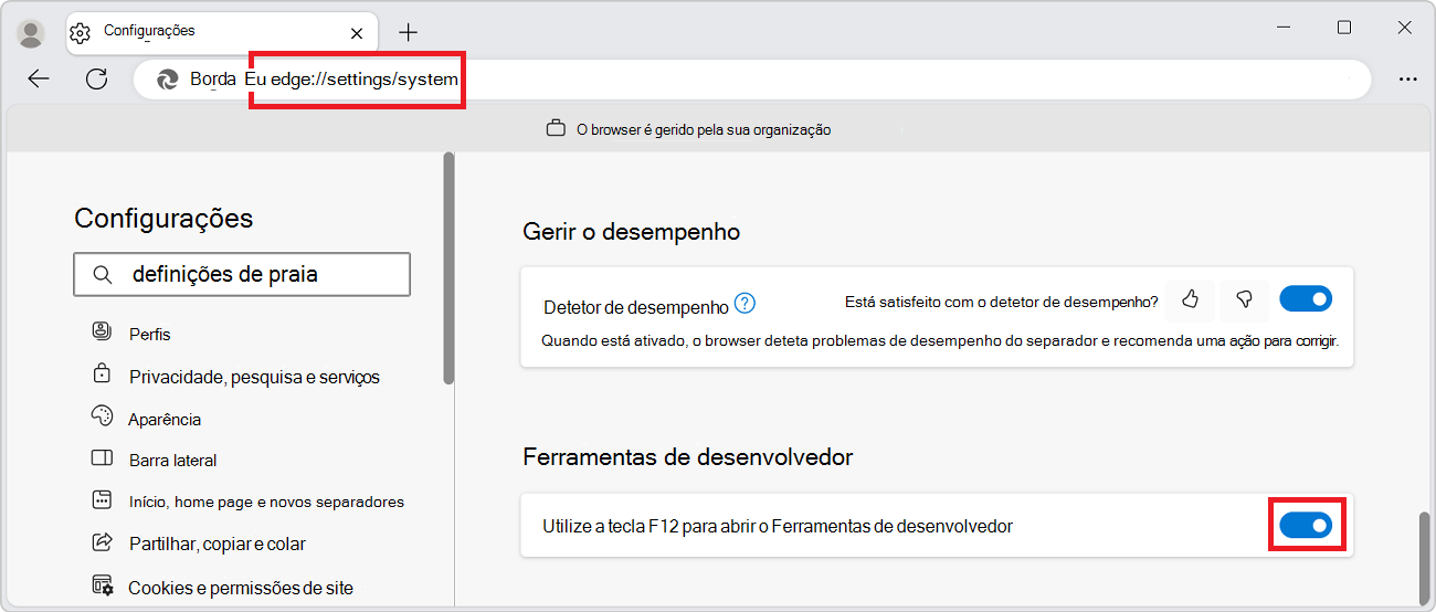 A página Definições do Edge, com a secção Ferramentas de Programação e o botão de alternar para desativar a tecla F12