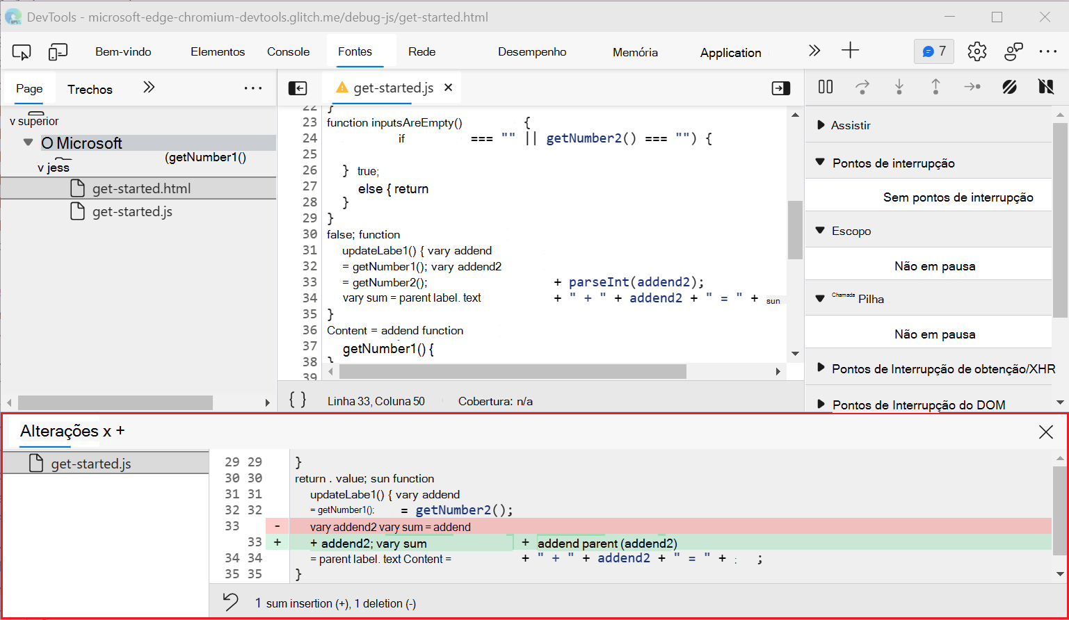A mostrar Modificações Locais, no separador Alterações no painel Vista Rápida