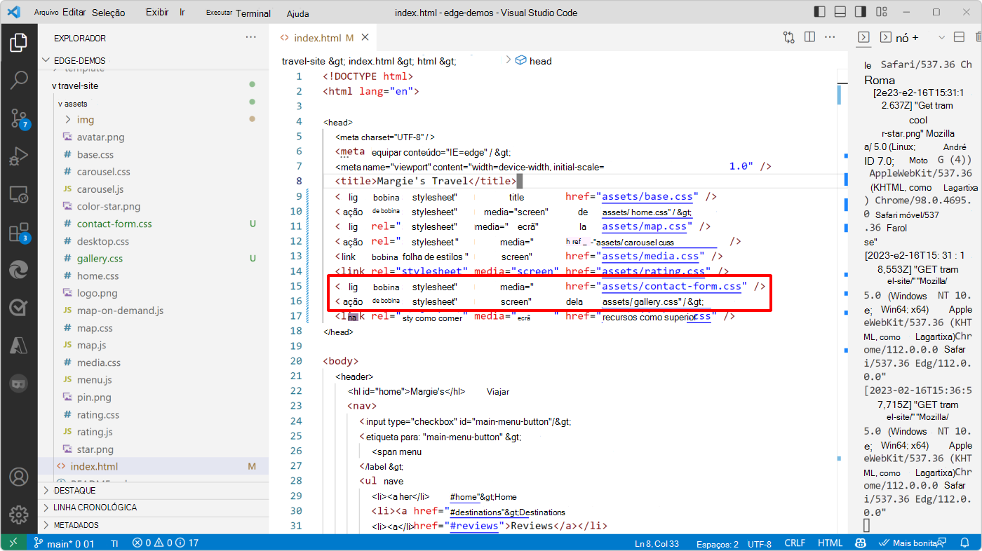 Visual Studio Code, com o index.html aberto, a mostrar onde estão as duas etiquetas de ligação